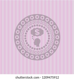 thinking in money icon inside pink emblem. Vintage.