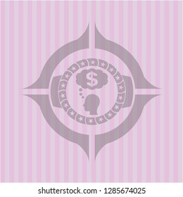 thinking in money icon inside pink emblem. Vintage.