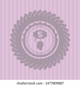 thinking in money icon inside pink emblem. Vintage.