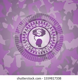 thinking in money icon inside pink and purple camouflage texture
