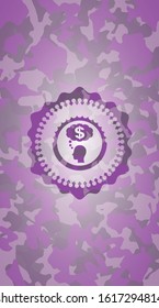 thinking in money icon inside pink and purple camouflage emblem