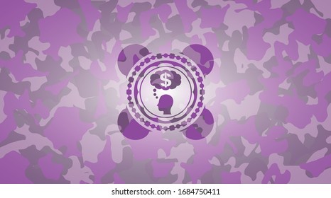 thinking in money icon inside pink camouflage emblem
