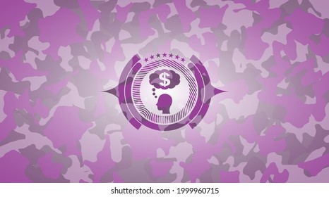 thinking in money icon inside pink and purple camouflage emblem. 