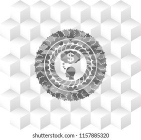 thinking in money icon inside realistic grey emblem with cube white background