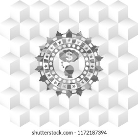 thinking in money icon inside realistic grey emblem with cube white background