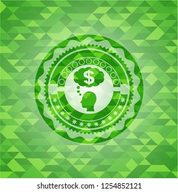 thinking in money icon inside realistic green emblem. Mosaic background