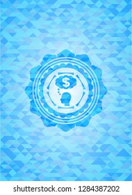 thinking in money icon inside realistic light blue emblem. Mosaic background