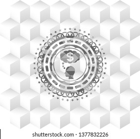 thinking in money icon inside realistic grey emblem with cube white background