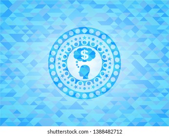 thinking in money icon inside realistic light blue emblem. Mosaic background