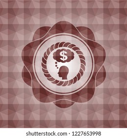 thinking in money icon inside red badge with geometric background. Seamless.