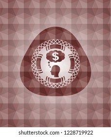 thinking in money icon inside red seamless emblem with geometric pattern background.