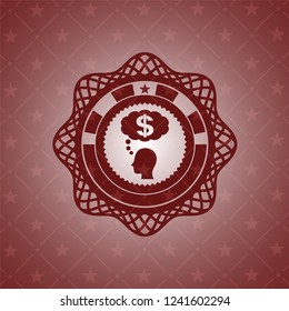 thinking in money icon inside red emblem. Vintage.
