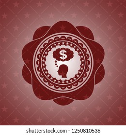 thinking in money icon inside red emblem. Retro