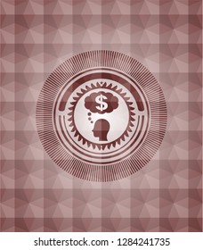 thinking in money icon inside red seamless emblem or badge with abstract geometric pattern background.