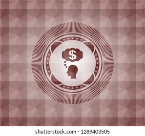 thinking in money icon inside red seamless polygonal badge.