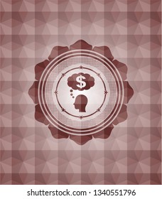 thinking in money icon inside red emblem or badge with abstract geometric polygonal pattern background. Seamless.