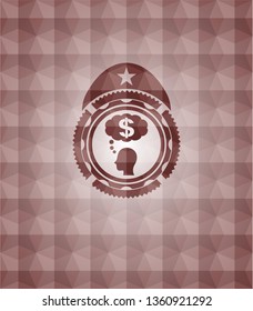 thinking in money icon inside red seamless geometric badge.