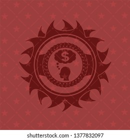 thinking in money icon inside red emblem. Retro