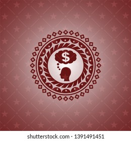 thinking in money icon inside red emblem. Retro