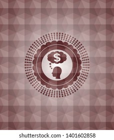 thinking in money icon inside red seamless emblem with geometric pattern background.