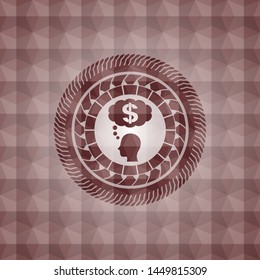 thinking in money icon inside red emblem or badge with geometric pattern background. Seamless.