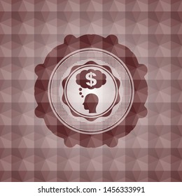 thinking in money icon inside red emblem with geometric pattern. Seamless.