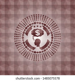 thinking in money icon inside red seamless badge with geometric pattern background.