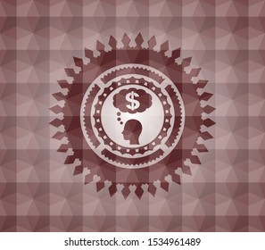 thinking in money icon inside red emblem or badge with geometric pattern background. Seamless.