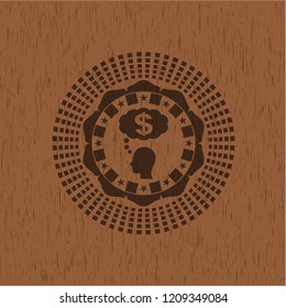 thinking in money icon inside retro wooden emblem