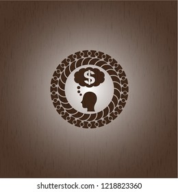 thinking in money icon inside retro wooden emblem