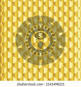 thinking in money icon inside shiny golden emblem. Scales pattern. Vector Illustration. Detailed. 