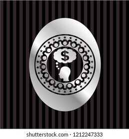 thinking in money icon inside silver emblem or badge
