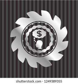 thinking in money icon inside silver emblem or badge