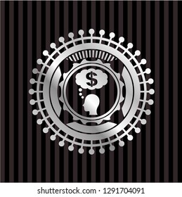 thinking in money icon inside silver shiny badge