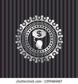 thinking in money icon inside silver shiny emblem