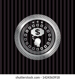 thinking in money icon inside silver shiny badge