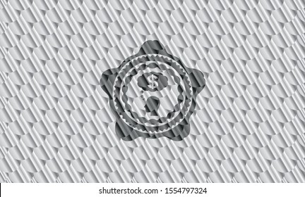 thinking in money icon inside silver color badge. Scales pattern. Vector Illustration. Detailed.