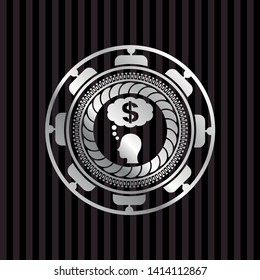 thinking in money icon inside silvery emblem or badge