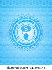 thinking in money icon inside sky blue water emblem.