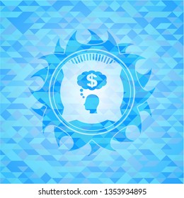 thinking in money icon inside sky blue emblem with mosaic background
