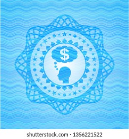 thinking in money icon inside sky blue water wave badge background.