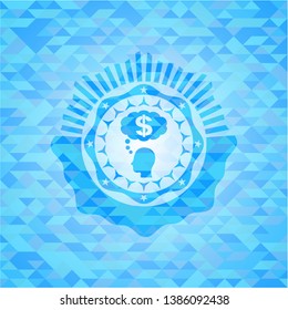 thinking in money icon inside sky blue emblem. Mosaic background