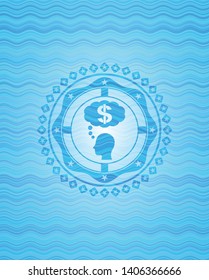 thinking in money icon inside sky blue water wave badge.