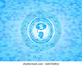 thinking in money icon inside sky blue emblem with triangle mosaic background