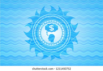 thinking in money icon inside water wave badge.