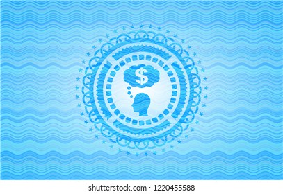 thinking in money icon inside water wave style badge.