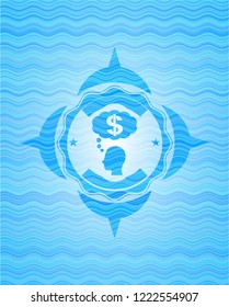 thinking in money icon inside water wave representation style emblem.