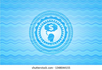 thinking in money icon inside water concept style badge.