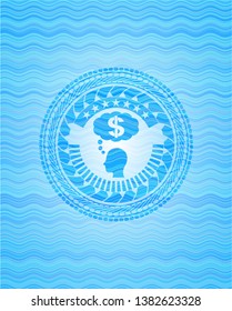 thinking in money icon inside water wave concept badge.