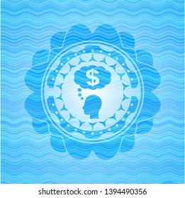 thinking in money icon inside water style emblem.